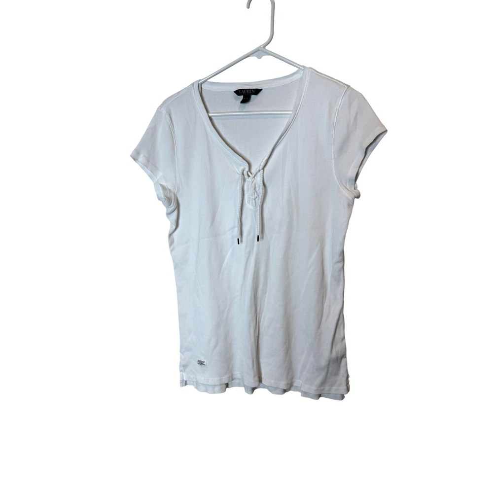 Lauren Ralph Lauren Shirt Womens XL White Lace Up V Neck Ribbed Cotton Casual